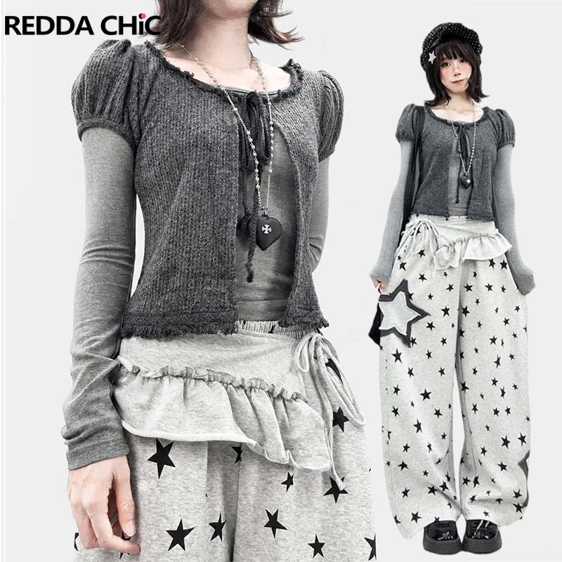 Bandage - REDDACHiC パフスリーブカーディガンとトップスの2点セット。韓国風、グレー、レイヤードスタイル、スリムフィットTシャツ、カーディガン、グランジスタイル、秋物。