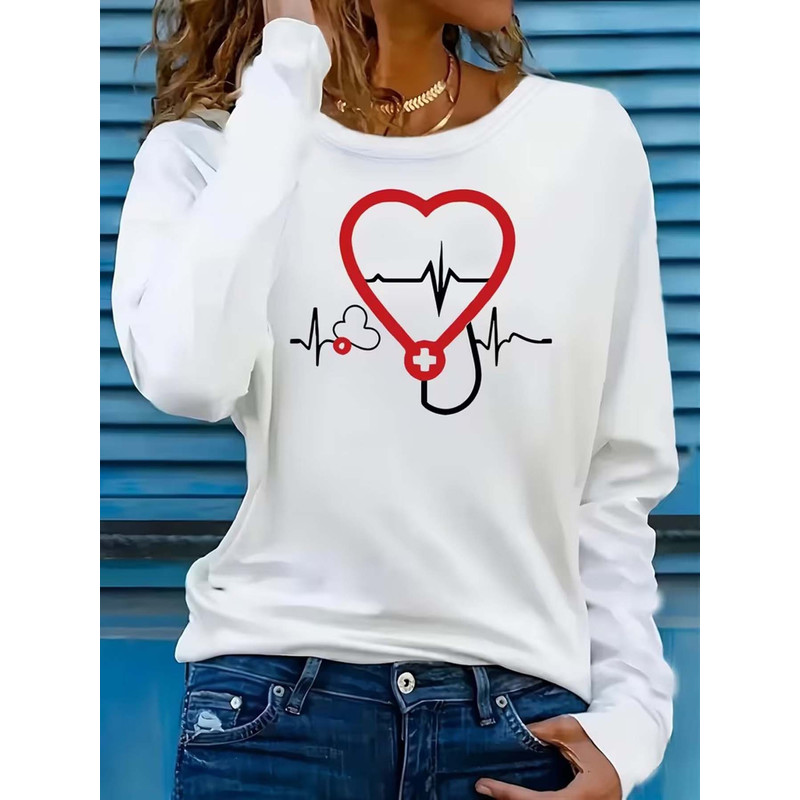 聴診器と心電図のプリントが施された、カジュアルな長袖Tシャツ - Stethoscope のレビューと価格